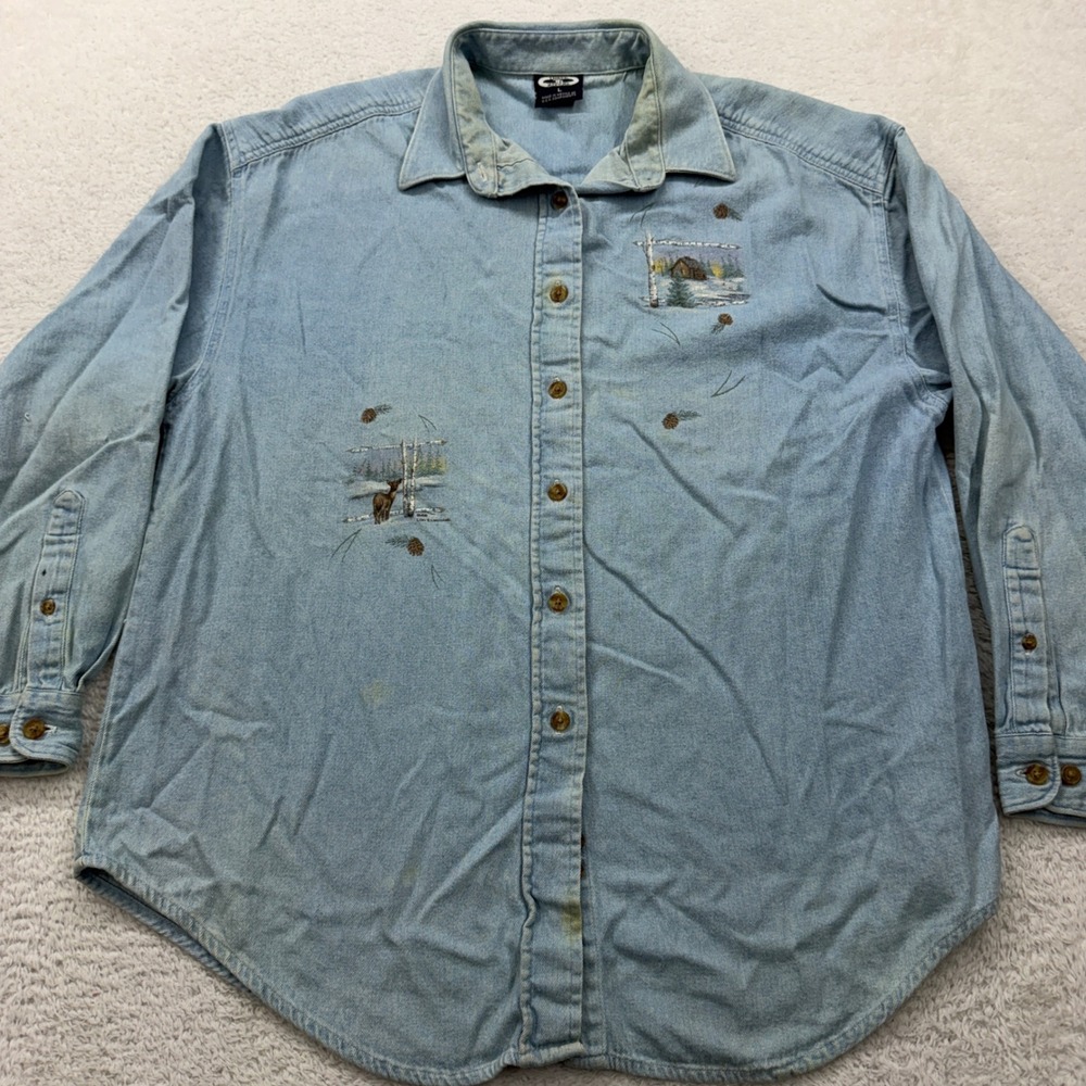 Three Rivers‎ Mens L Denim Button Up Shirt Embroidered Deer Cabin Winter Blue